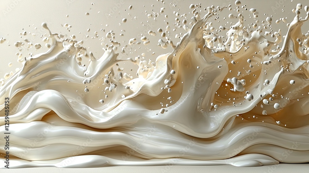 Creamy liquid splash with dynamic waves and droplets against a soft beige background Creamy liquid splash with dynamic waves and droplets against a soft beige background