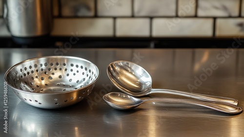 Stainless steel colander and serving spoons on a kitchen countertop with tiled backsplash