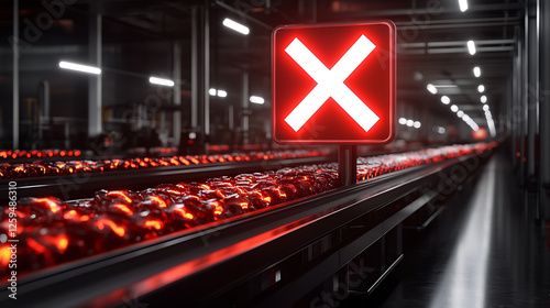 Red X Sign on a Conveyor Belt in a Dark Factory