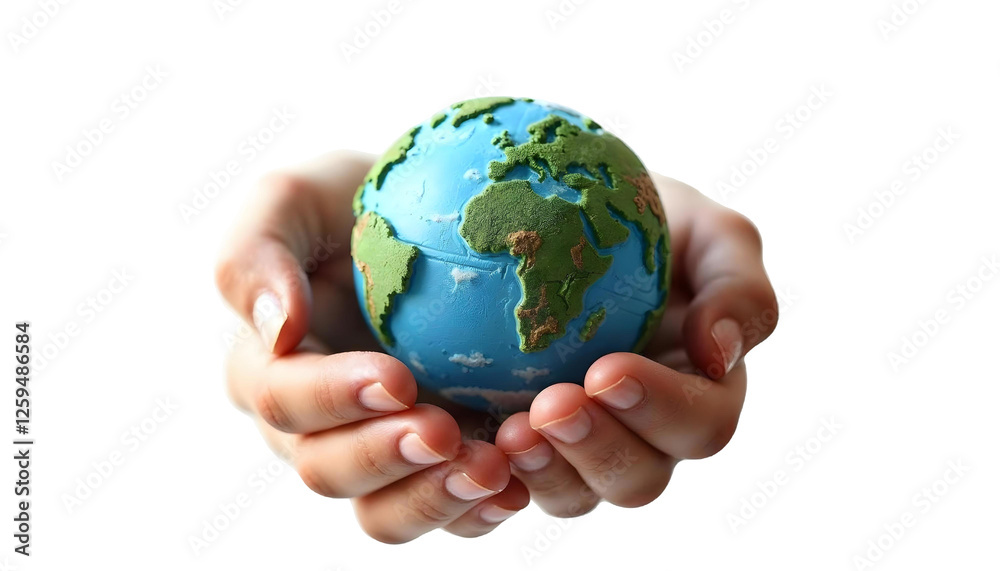A pair of hands cradling a globe on a transparent background, representing Earth Day and the importance of environmental stewardship
