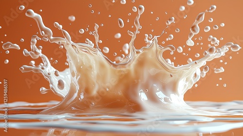 Dynamic splash of creamy liquid against a soft orange backdrop, creating a vibrant visual impact