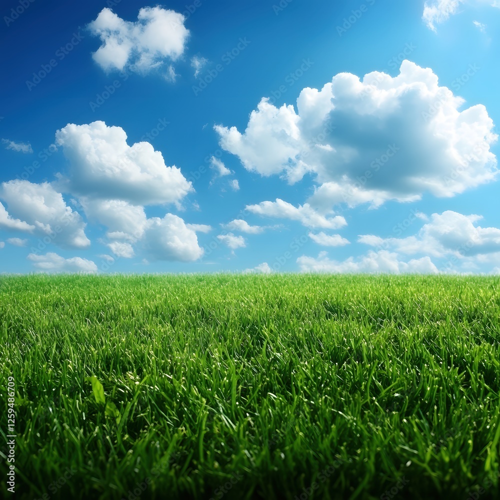 Serene Landscape Featuring Vibrant Green Grass and a Brilliant Blue Sky with Fluffy White Clouds