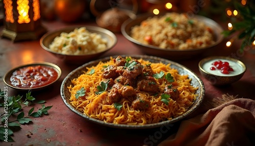 A vibrant plate of spicy mutton Biryani, raita, and gulab jamun, set against festive Ramadan decorations for Iftar