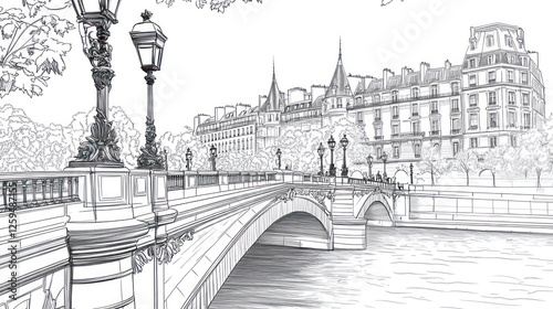 Fototapeta Naklejka Na Ścianę i Meble -  Parisian bridge sketch, Seine river, city background, travel illustration