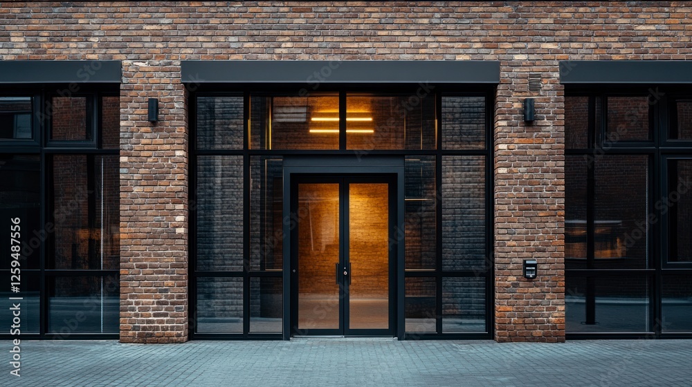 Photo of an electric smart glass door, modern building facade with brick walls and black metal details, daylight Photo of an electric smart glass door, modern building facade with brick walls and black metal details, daylight