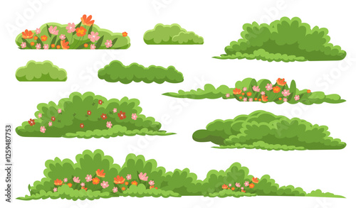Cartoon-style green bushes with colorful flowers on white background. 