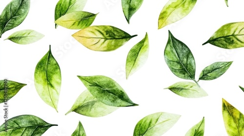 Green tea leaves scattered on white background, nature pattern, healthy drink