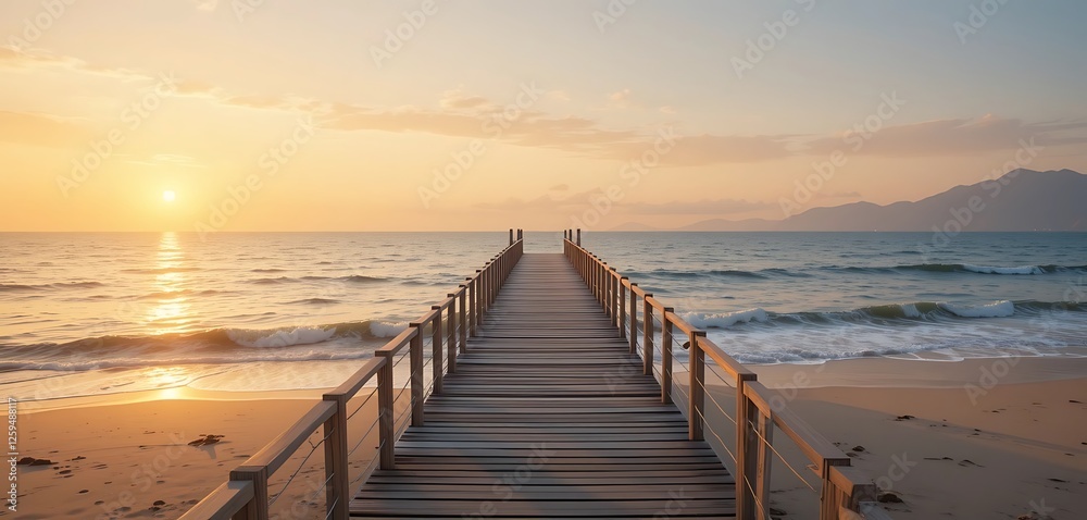 Wooden pier extending to the sea during a golden sunset for tranquility Wooden pier extending to the sea during a golden sunset for tranquility