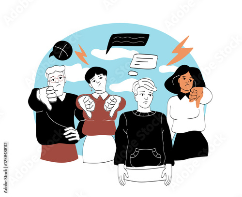 Group of unhappy people giving thumbs down in disapproval. 
