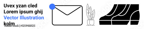 Envelope icon with notification dot, potted plant, and abstract modern seats in bold monochrome. Ideal for messaging apps, workspace concepts, furniture design, UIUX, minimalism, modern lifestyle