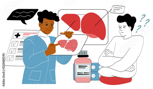 Doctor explaining liver disease to a patient with medical illustrations. 