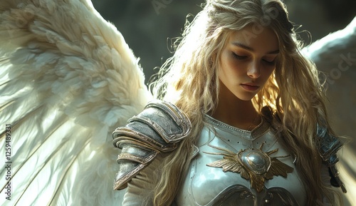 Angelic Warrior: A Serene Portrait of a Female Angel in Armor