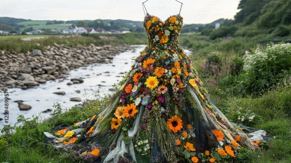 Obraz premium Floral gown, riverbank display, rural setting, eco-fashion