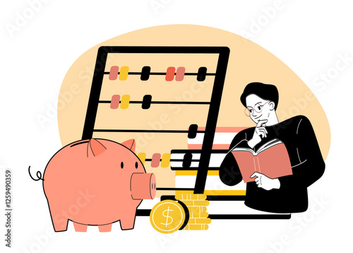 Financial literacy concept with piggy bank and abacus. 