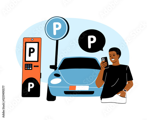 Man using mobile app for parking near car and meter. 