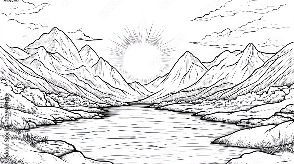 Fototapeta premium Sunrise over mountain lake, tranquil scene, nature illustration, coloring book page