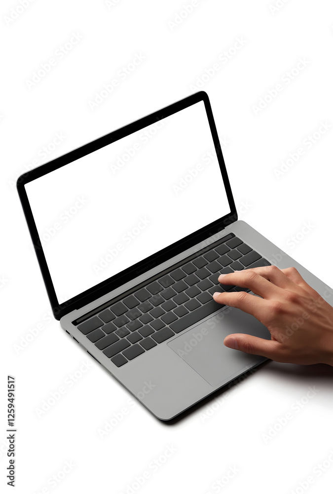 Minimalist Laptop Design with Blank White Screen and User s Typing Hand Minimalist Laptop Design with Blank White Screen and User s Typing Hand