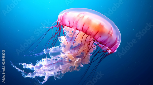 Pink jellyfish underwater, ocean background, aquarium exhibit, nature