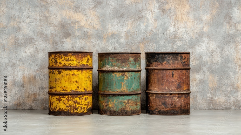 Rusty Industrial Barrels Against a Weathered Wall Rusty Industrial Barrels Against a Weathered Wall