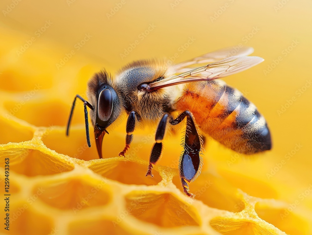 Bee pollinating honeycomb nature macro close-up vibrant insect behavior Bee pollinating honeycomb nature macro close-up vibrant insect behavior