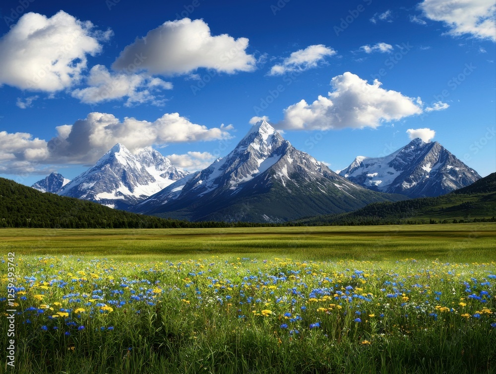 Fototapeta premium A picturesque landscape featuring majestic mountains, a vibrant green meadow, and a bright blue sky with fluffy white clouds.