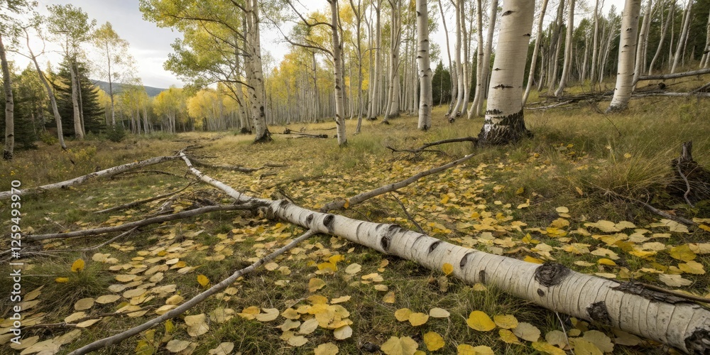 Fototapeta premium Fallen aspen branches and leaves creating a mosaic pattern on the forest floor, deciduous trees, nature elements