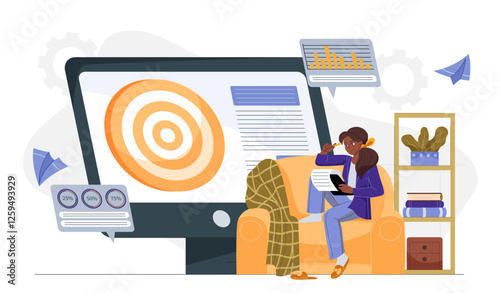 Woman analyzing data while sitting on a couch. 