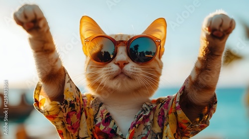 Wallpaper Mural Cool Cat Vacation Vibes Ginger Tabby in Hawaiian Shirt and Sunglasses Enjoying Summer Torontodigital.ca