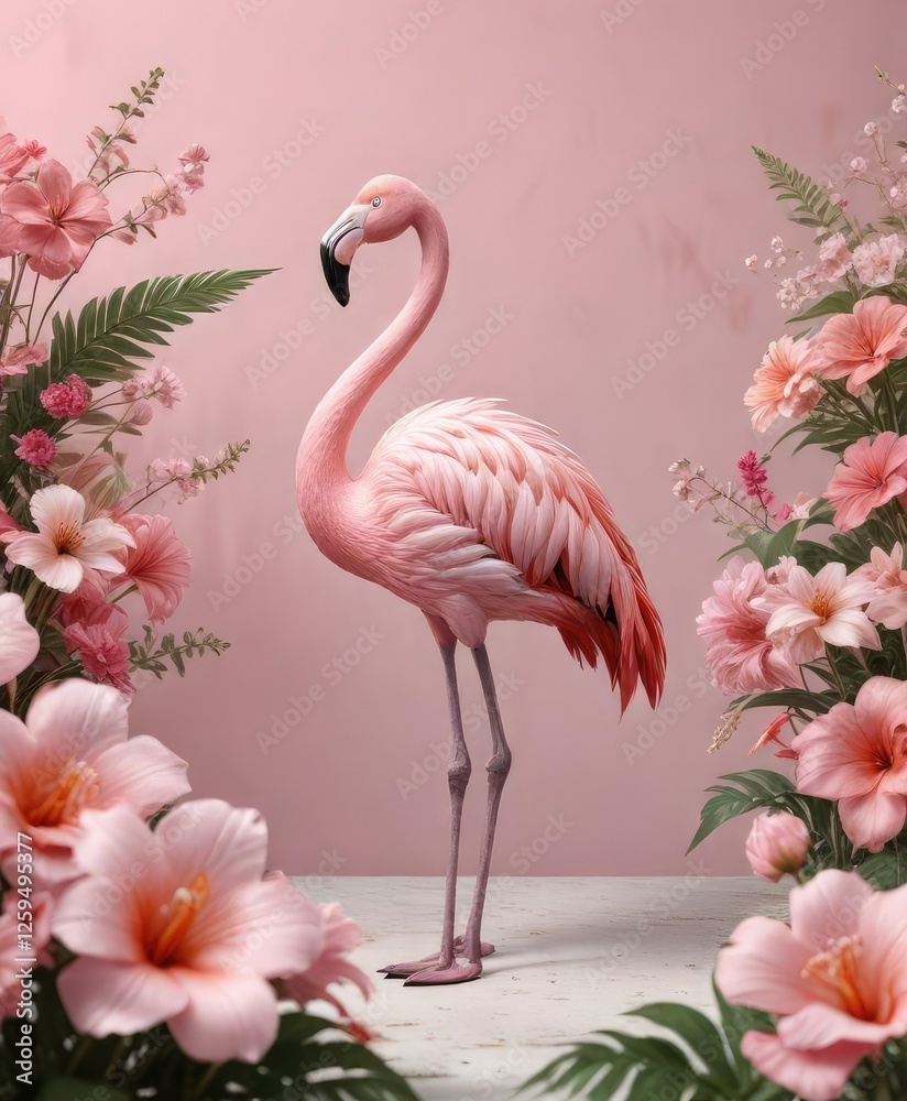 Obraz premium Feminine pink flamingo and soft flowers composition, feminine, soft, decoration