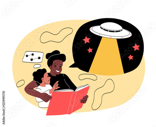 Mother and child reading book about UFOs. 