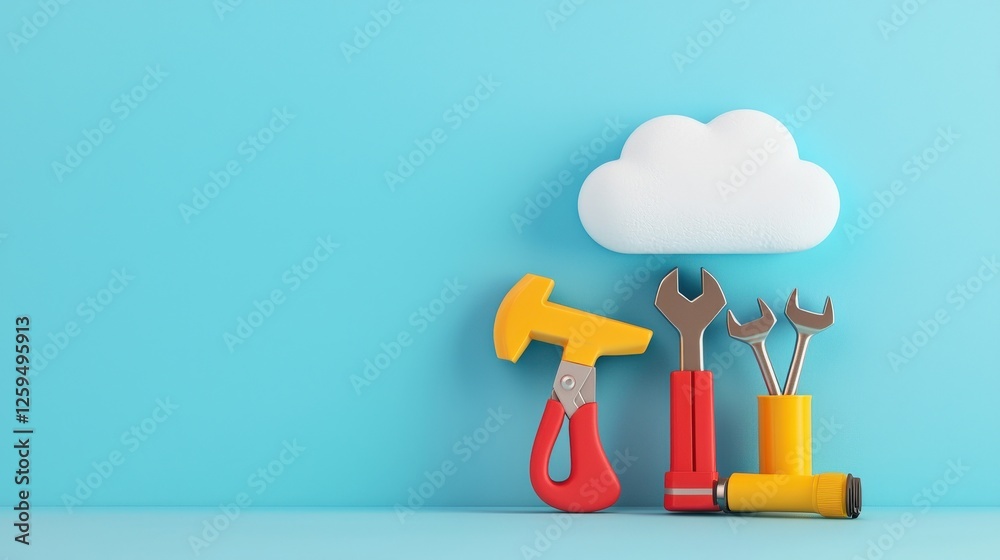 Illustration of a cloud icon with tools hovering above it, representing remote support Illustration of a cloud icon with tools hovering above it, representing remote support