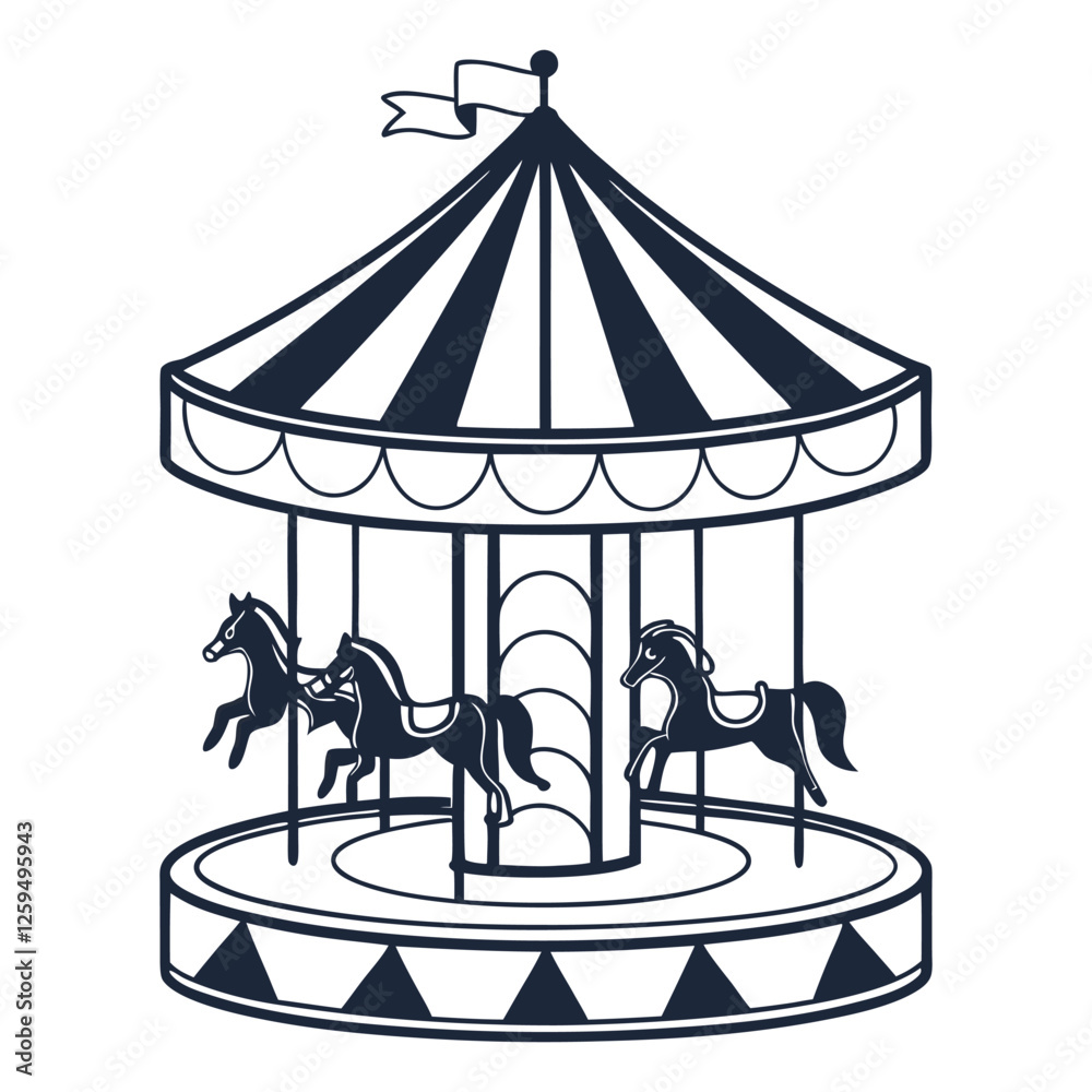 Children riding horses on a merry-go-round silhouette vector line art design