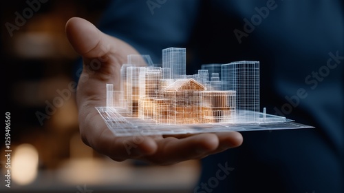  A hand holds a wireframe holographic model of a house, showcasing the intricate details and structural design in a futuristic setting.
