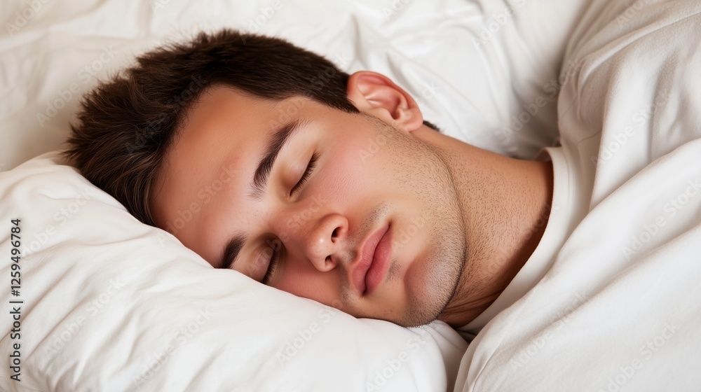 Peaceful Slumber: A young man rests peacefully in deep sleep, his face relaxed and serene. The image evokes a sense of calm and tranquility, capturing the beauty of a restful night. Peaceful Slumber: A young man rests peacefully in deep sleep, his face relaxed and serene. The image evokes a sense of calm and tranquility, capturing the beauty of a restful night.
