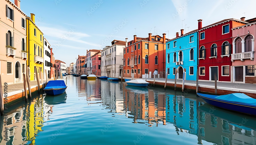 Obraz premium tranquil scene of Venice’s canals with reflections of the colorful buildings and boats, clear sky