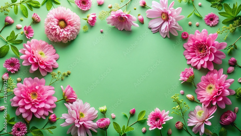 Delicate Pink Flowers Frame Soft Green Background - Copy Space for Text and Branding Delicate Pink Flowers Frame Soft Green Background - Copy Space for Text and Branding