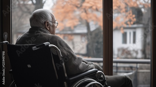 Retirement Healthcare home room, chair assistance, support fragile, vulnerable depression, quiet Stillness, Solitude contemplative, Grace sitting looking light Shadow gaze, personal emotio photo