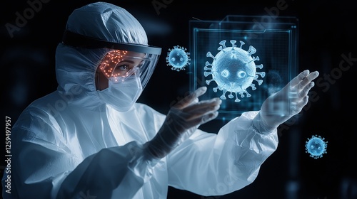 A scientist wearing full protective gear examines holographic viral particles, emphasizing the importance of research in a futuristic laboratory setting