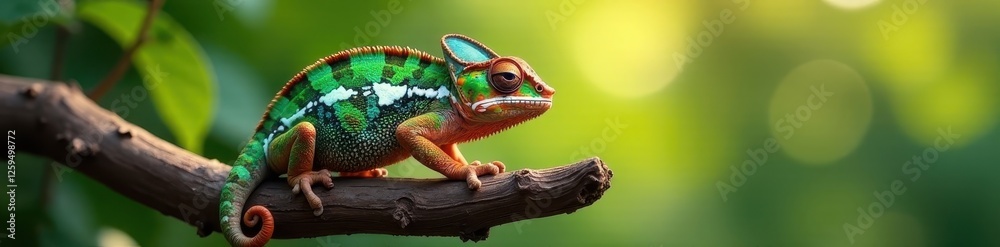 Fototapeta premium Fischer's chameleon clinging to a weathered branch, sunlight dappled, reptile photography, sun