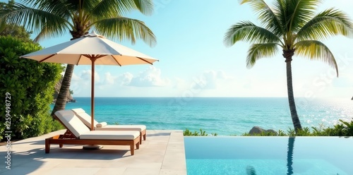 Elegant patio umbrella & chaise lounge by pool, palm tree backdrop , getaway, tropical escape