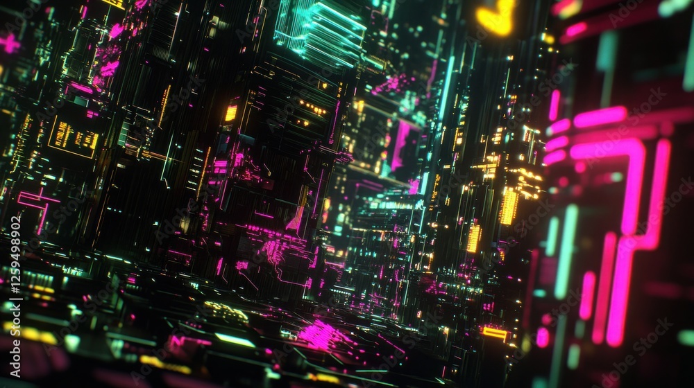 Fototapeta premium Neon Cityscape: Abstract Futuristic Technology and Data Network Visualization