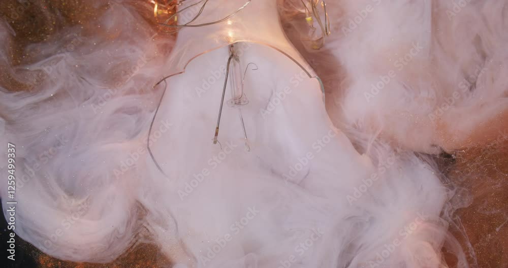 Ink smoke. Art haze. White matte golden glitter veil abstract mixing on black background. Glass fragments of broken light bulb illuminated garland in color water.