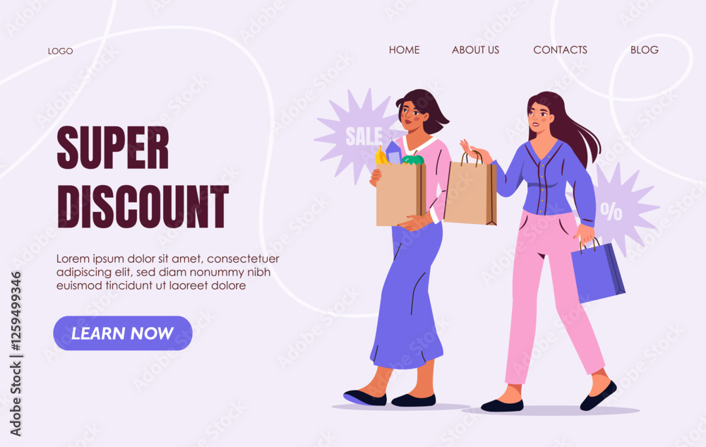 Obraz premium Super discount shopping promotion with two women carrying bags. 