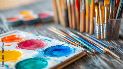 An artist’s watercolor palette with various brushes resting on the table, surrounded by unfinished paintings in an art classroom.