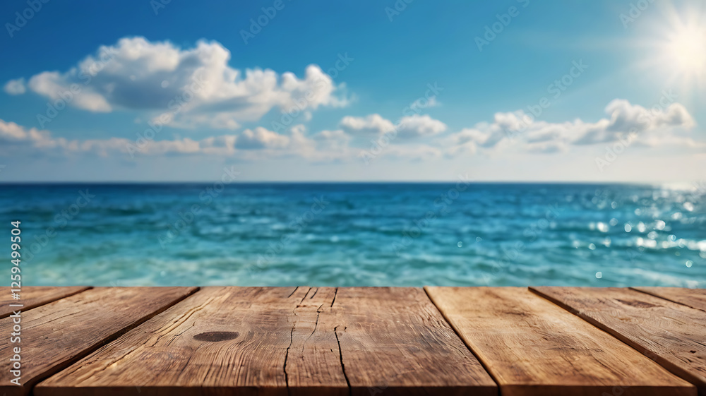 Wood table top on blur summer blue sea and sky background - can be used for display or montage your products Wood table top on blur summer blue sea and sky background - can be used for display or montage your products