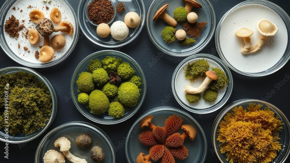 Flat lay showcasing a selection of petri dishes containing distinct types of fungi and moss, fungi, lab equipment Flat lay showcasing a selection of petri dishes containing distinct types of fungi and moss, fungi, lab equipment