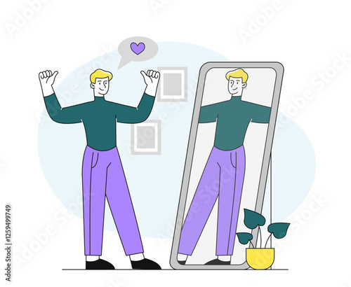Man admiring himself in mirror with confidence. 