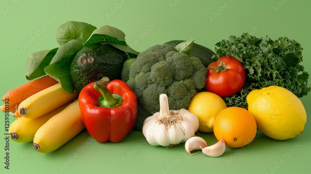 Assortment of Fresh Fruits and Vegetables on a Green Background. Assortment of Fresh Fruits and Vegetables on a Green Background.