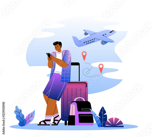 Traveler checking phone with luggage and airplane in background. 