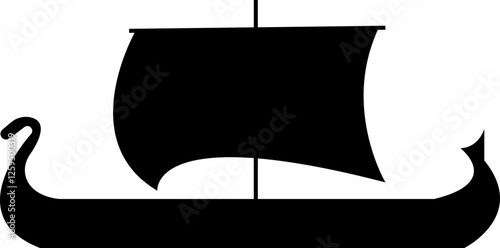 Black silhouette of a Viking ship on water icon, sailboat vehicle gondola. old designs ships, vintage galleons isolated on transparent background, graphic art vector styles, logo, template elements